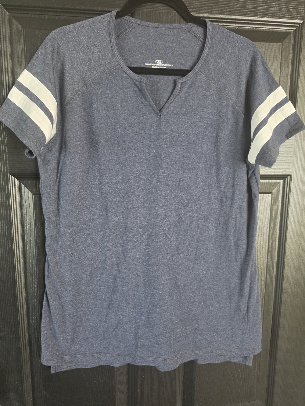 New Customizable Women's Short Sleeve Tee Navy with White Sleeve Stripes Event L